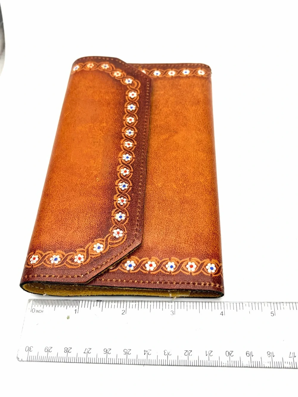 Vintage Hand-tooled Tan Leather Envelope Wallet, Flower Border, Suede Interior